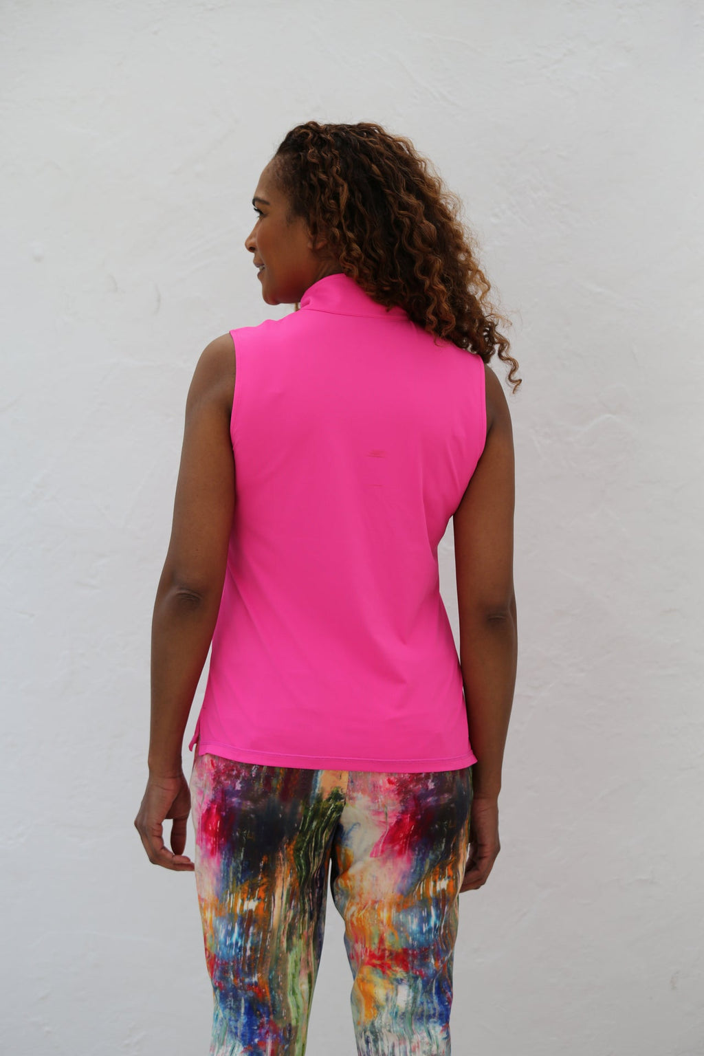 Hot Pink Sleeveless Mock Collar Polo T Shirt