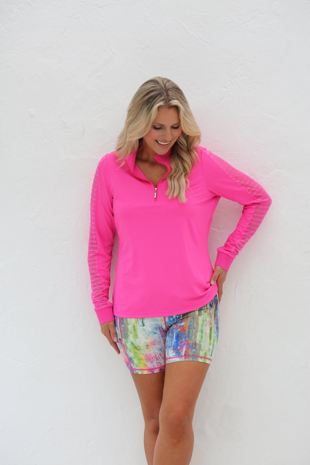Sheer Long Sleeve Golf Shirt Hot Pink 